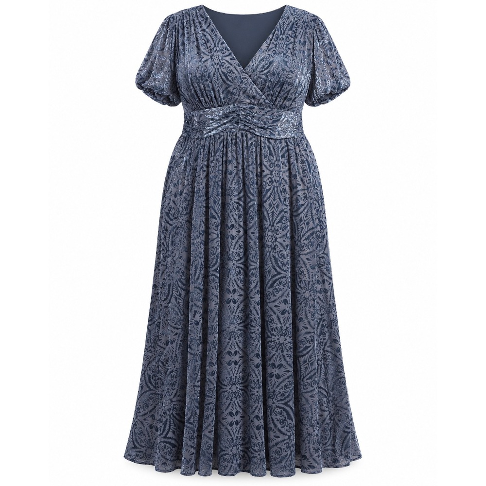 Baltic Born 1XL Blue Burnout Velvet Maxi Dress Damask Puff Sleeve Formal Gown